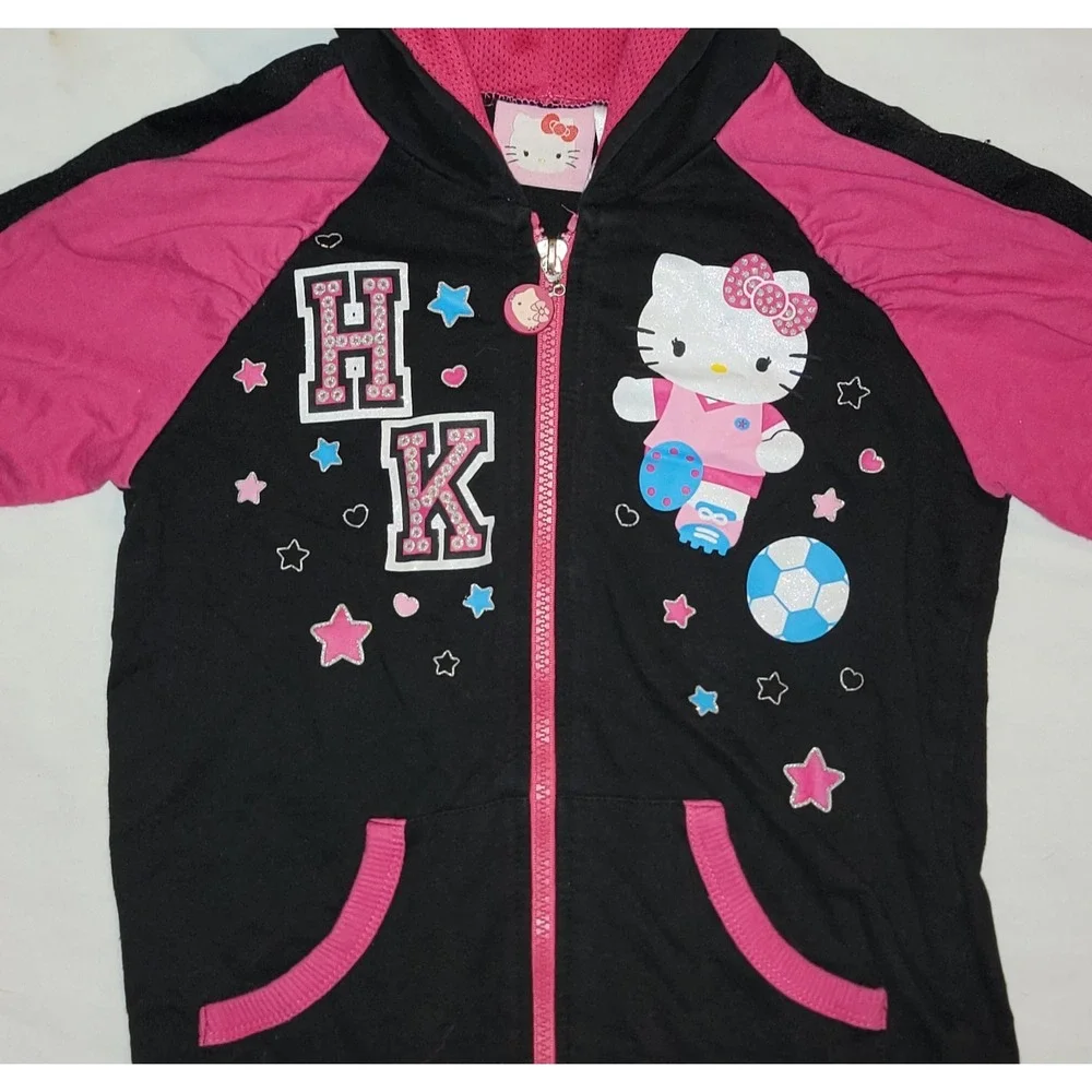 Hello Kitty Girls Hoodie Black/Pink Zip Up Jacket Size 7/8 Sanrio Lightweight